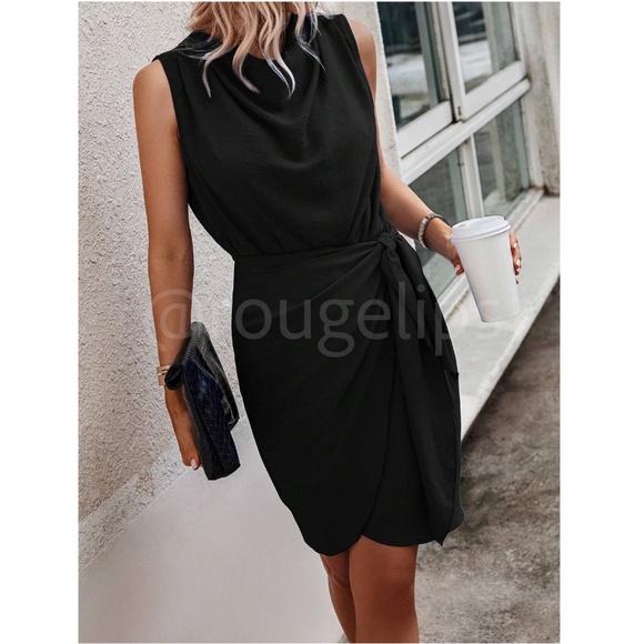 Black Crinkle Mini Dress Draped Neck Wrap Overlapping Side Tie Skirt - Picture 5 of 7